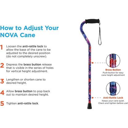 Instructional graphic of the Nova 1077 Extra Tall HD Bariatric Walking Cane with labeled parts: anti-rattle lock and brass button. Steps show how to adjust height by loosening/tightening the lock and pressing the button to set your preference.