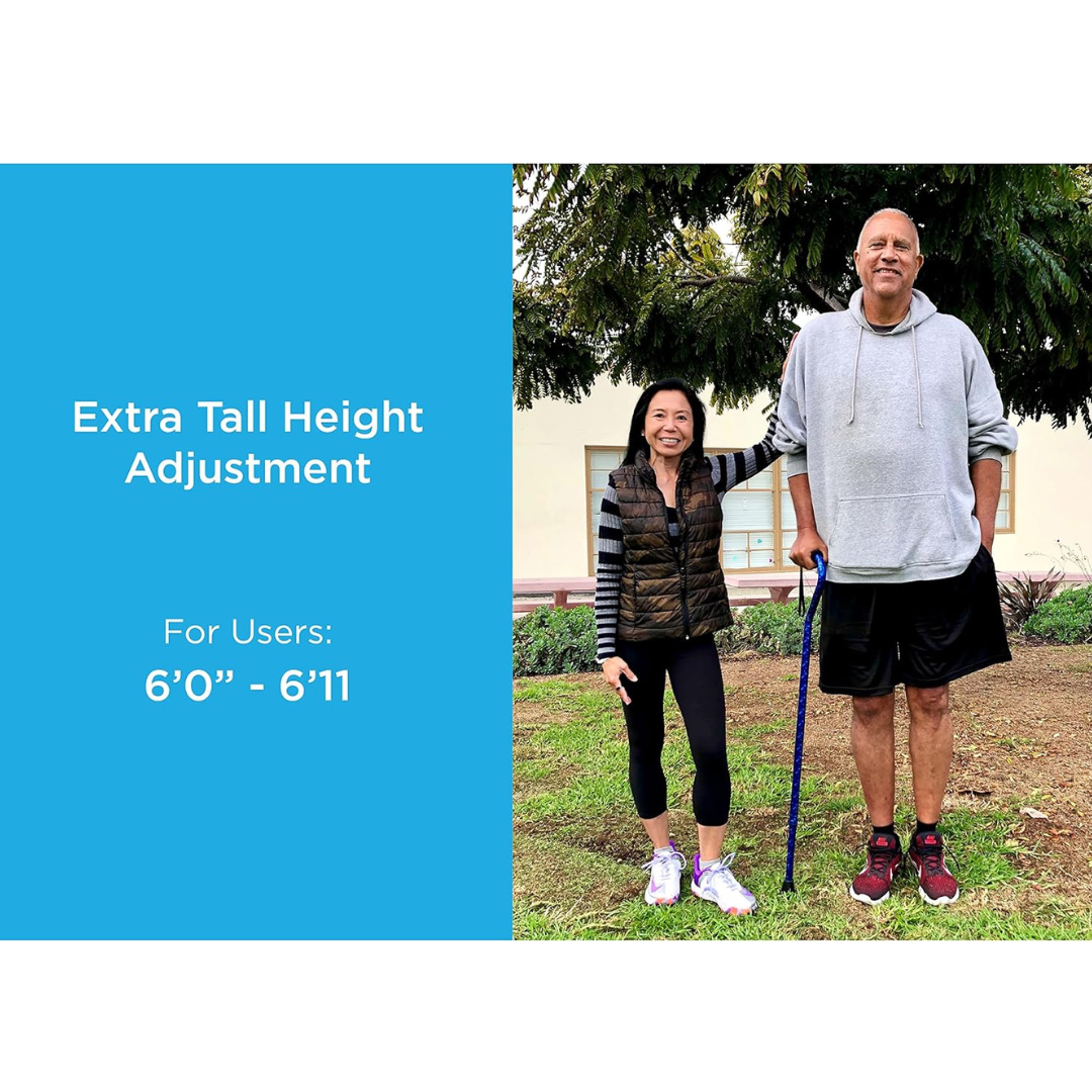A smiling woman and a tall man with the Nova 1077 Extra Tall HD Bariatric Walking Cane stand outdoors. Text on a blue background reads: Extra Tall Height Adjustment. For Users: 5’0” – 6'11”.