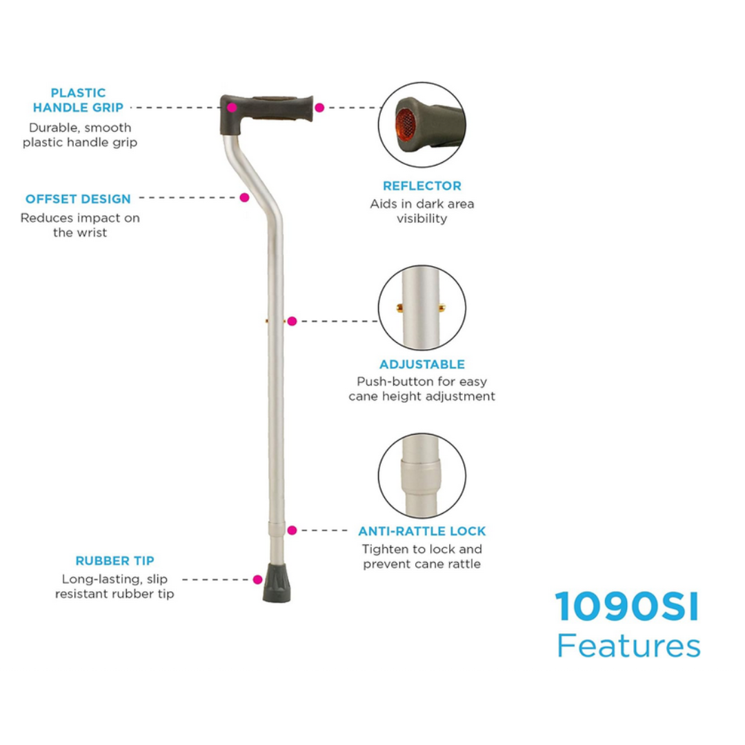 A diagram of the Nova Extra Tall Walking Cane with Offset Handle - Pack of 2 shows features: plastic handle grip, offset handle design, rubber tip, reflector, adjustable height, anti-rattle lock. Blue text labels each feature. Text reads: 1090SI Features.