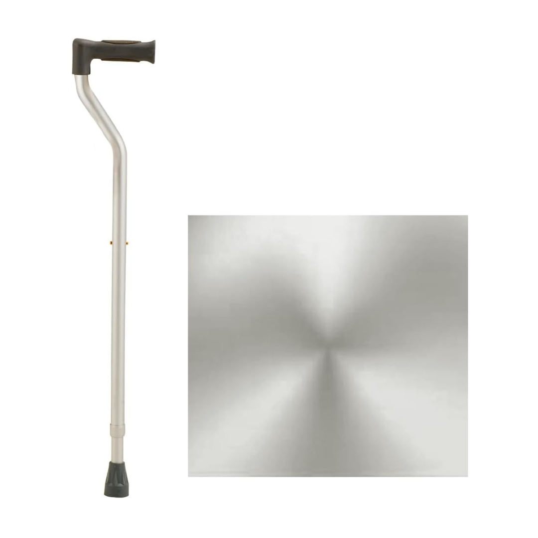 The Nova Extra Tall Walking Cane with Offset Handle (Pack of 2) in silver aluminum with a black handle and rubber tip is shown beside a shiny, brushed metal texture.
