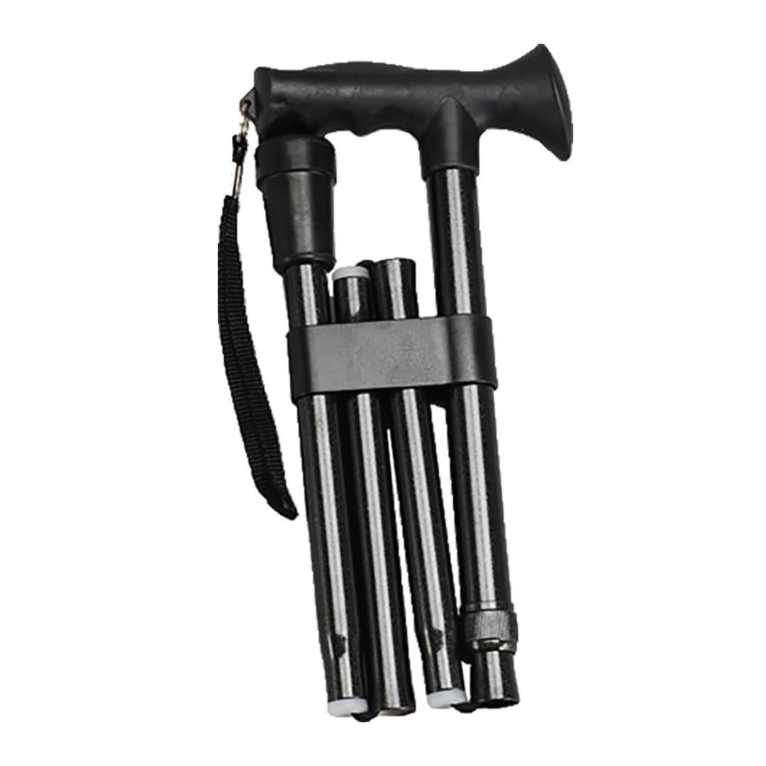 The Nova Folding Cane with Soft Rubber Handle is a black, lightweight cane featuring a curved, slip-resistant handle and wrist strap. It folds compactly and secures with a plastic clip, shown here against a white background.