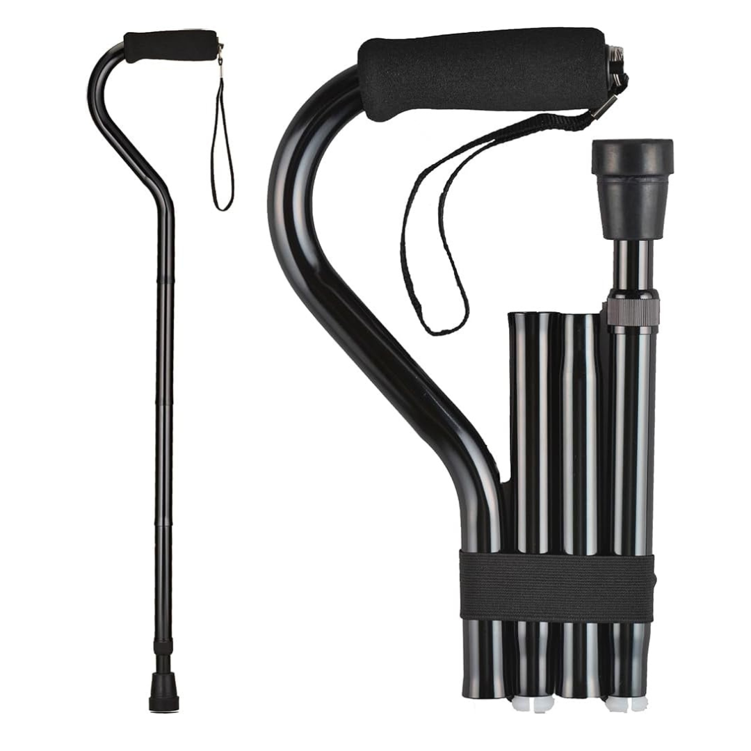 Two views of the Nova Folding Walking Cane with Soft Grip Handle & Carry Strap—one unfolded for use, the other folded compactly—showcasing its travel-ready design for easy storage and transport.