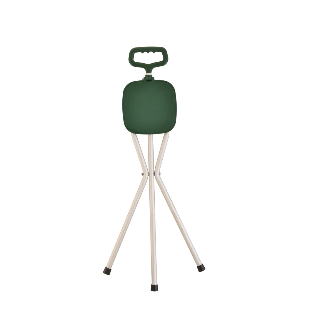 The Nova Folding Seat Cane is a lightweight, portable mobility aid featuring a green folding seat, top handle, and three silver tripod-style legs for easy transport and convenient temporary seating.