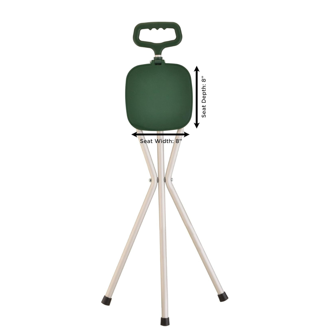 The Nova Folding Seat Cane - Portable Lightweight Seat is shown upright. It features a green folding tripod design, 8-inch seat, silver legs with black rubber tips, and a backrest handle for easy carrying.