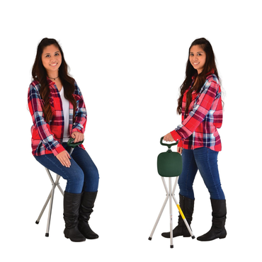 Two women in red plaid shirts, jeans, and black boots show the Nova Folding Seat Cane—Portable Lightweight Seat; one sits on its built-in seat while the other uses it for support against a plain white background showcasing its versatility.