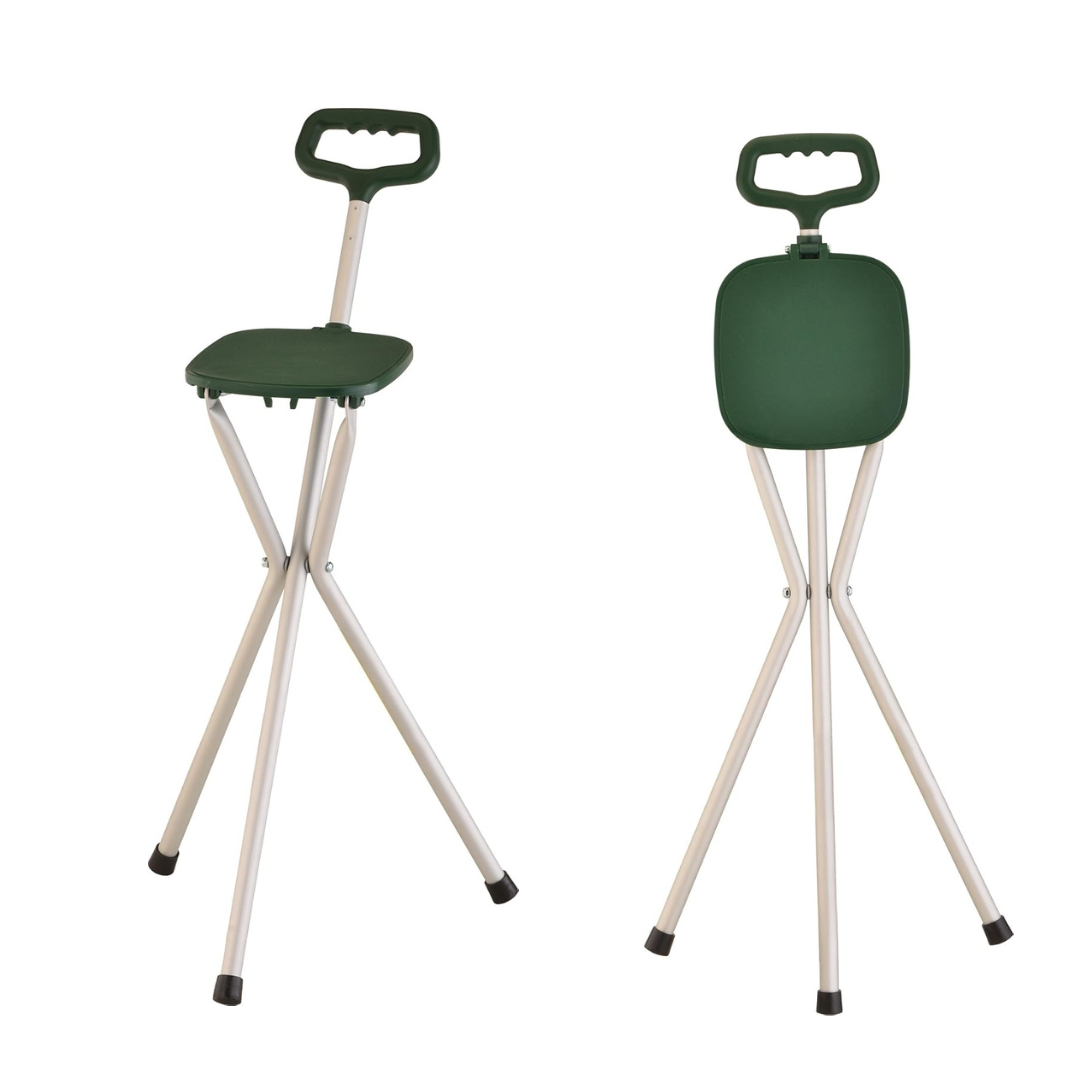 Two Nova Folding Seat Canes shown from side and back, each green with three metal legs. Designed as lightweight, portable seats, they feature molded plastic handles on the seat for easy carrying.
