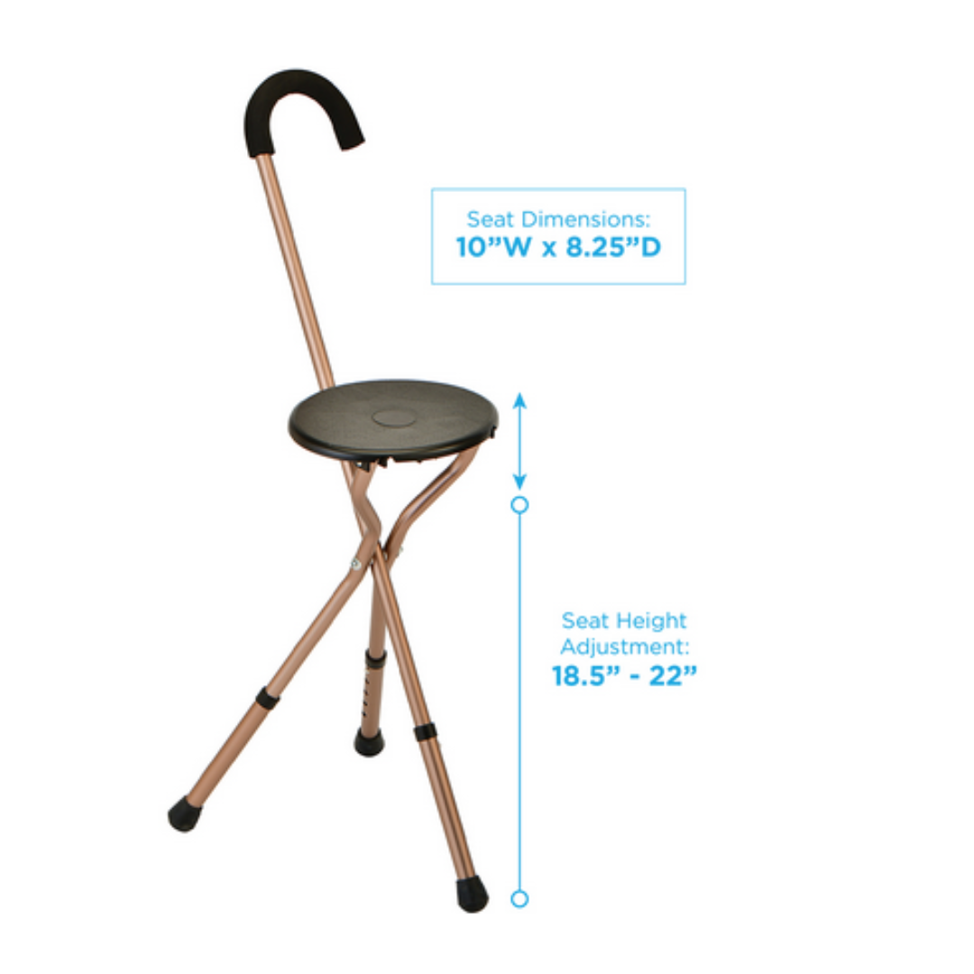 The Nova Folding Seat Cane with Crook Handle features a lightweight design, round black seat (10" x 8.25"), bronze legs, curved black handle, and adjustable seat height from 18.5" to 22".