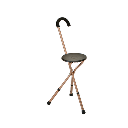 The Nova Folding Seat Cane with Crook Handle is a lightweight, three-legged bronze cane with a curved handle and compact black seat—offering portable support and easy transport wherever you go.