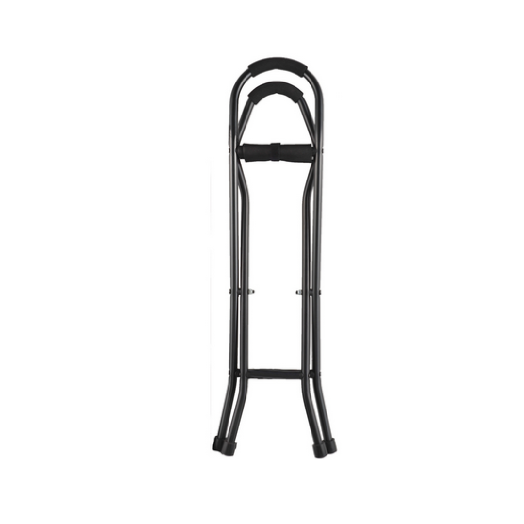 The Nova 3092 Folding Travel Seat Cane with Sling Seat is a black metal portable cane with padded handles and tips, shown upright against a plain white background.