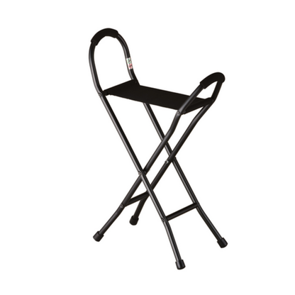 The Nova 3092 Folding Travel Seat Cane With Sling Seat is a lightweight black cane with a fabric sling seat and curved handles, designed for portability—ideal for convenient support and seating while traveling.