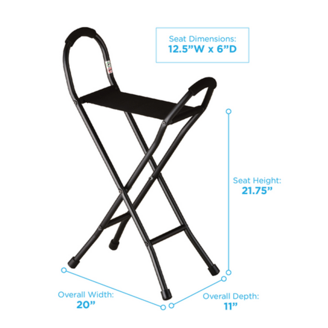 The Nova 3092 Folding Travel Seat Cane with Sling Seat is a black portable cane featuring a fabric seat (12.5" W x 6" D, 21.75" H), overall width of 20", and depth of 11"—ideal for travel and convenient seating on the go.