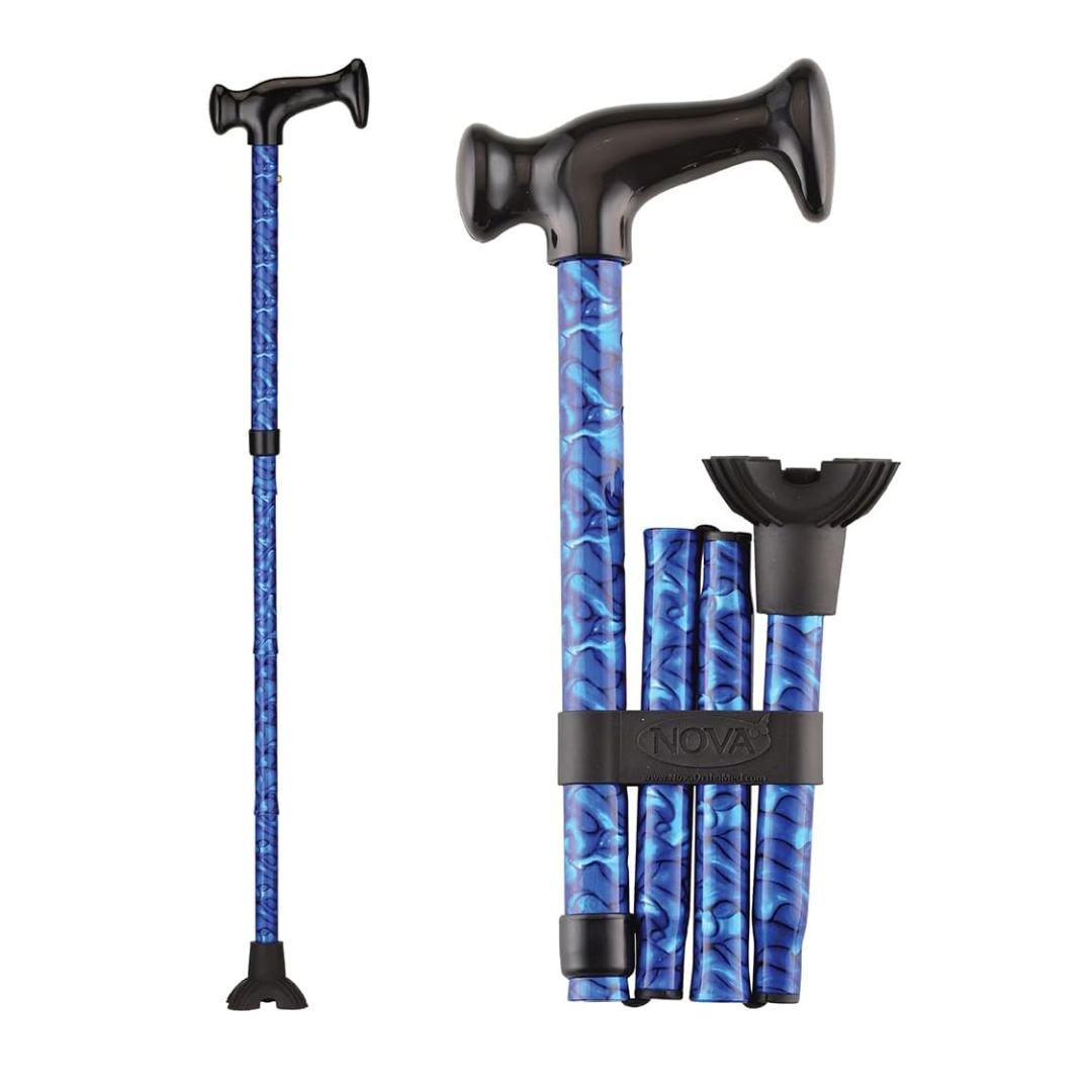 The Nova Folding Walking Cane with Wood Grip Handle & Quad Tip is shown extended and collapsed, featuring a strap for securing folded sections—an adjustable, convenient walking cane for travel.