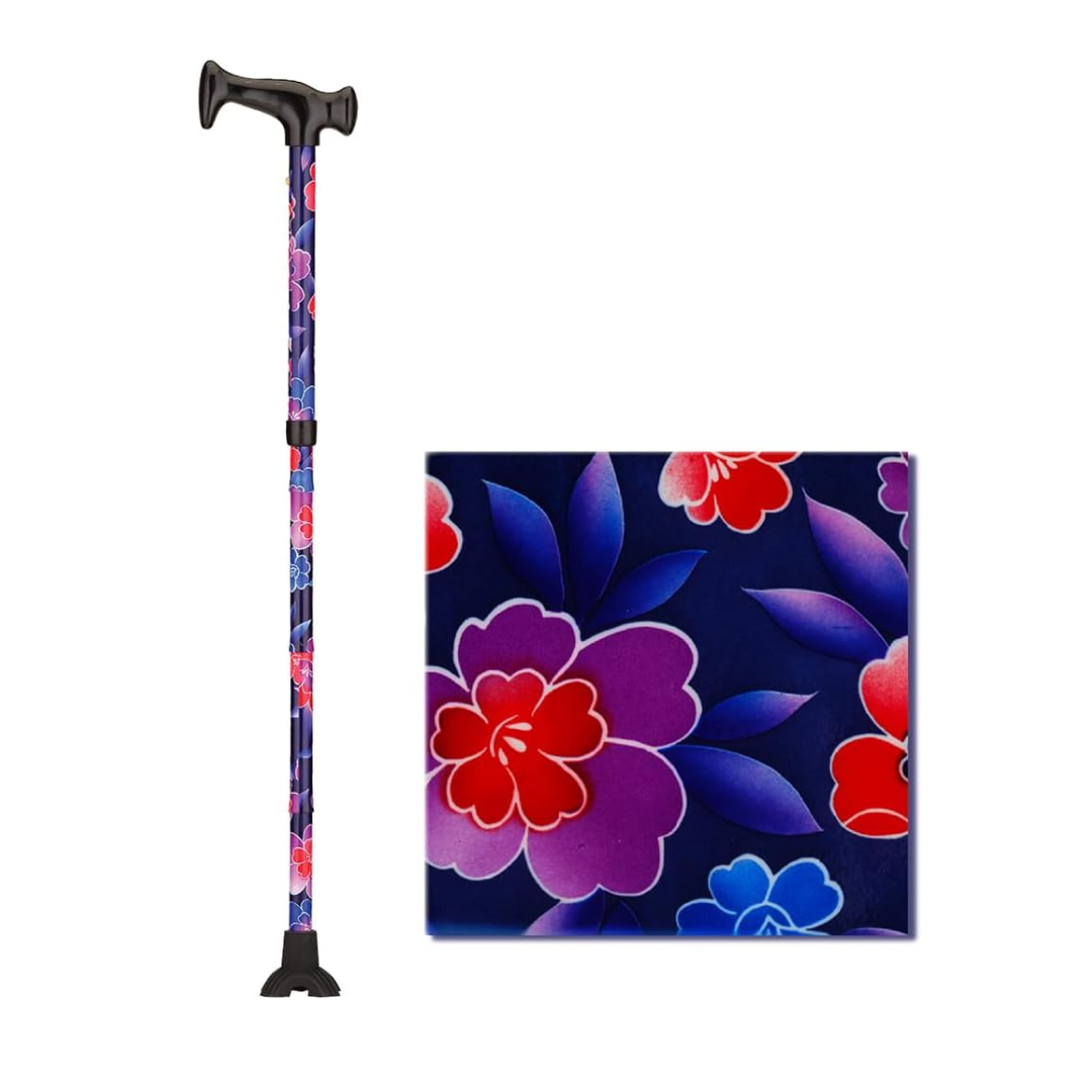 The Nova Folding Walking Cane with Wood Grip Handle & Quad Tip features a vibrant floral pattern with red, purple, and blue flowers on a dark blue background. A close-up highlights the striking design.