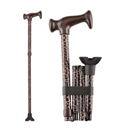 The Nova Folding Walking Cane with Wood Grip Handle & Quad Tip is shown fully extended and folded into four sections. It features a wood grip handle, quad tip for stability, and folds compactly—ideal as a portable travel cane.