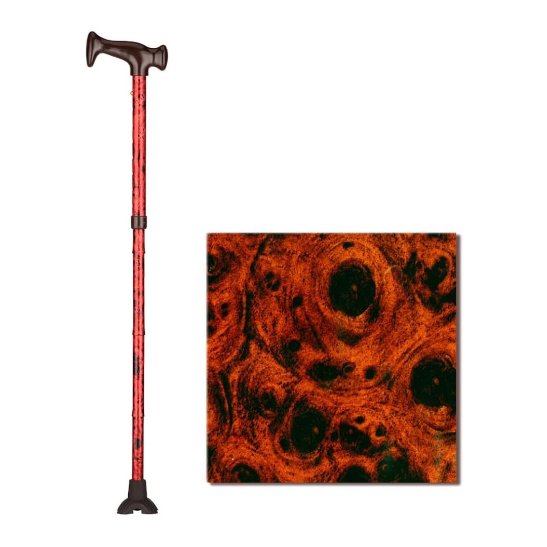 The Nova Folding Walking Cane with Wood Grip Handle & Quad Tip is red with a black ergonomic handle, a four-pronged base, and features a close-up of its wood grain pattern in black and red-orange swirls.