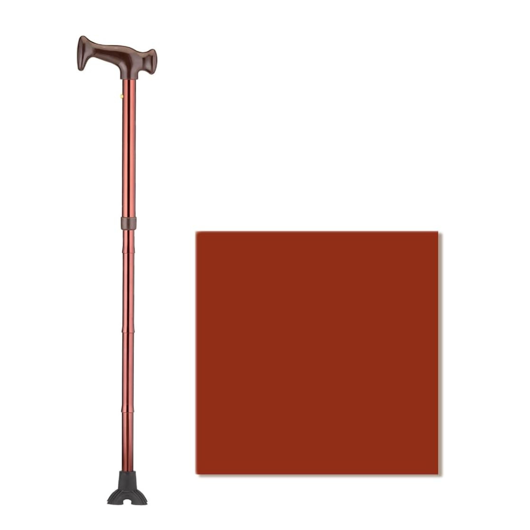 The Nova Folding Walking Cane with Wood Grip Handle & Quad Tip stands upright next to a square swatch showing its solid reddish-brown color.