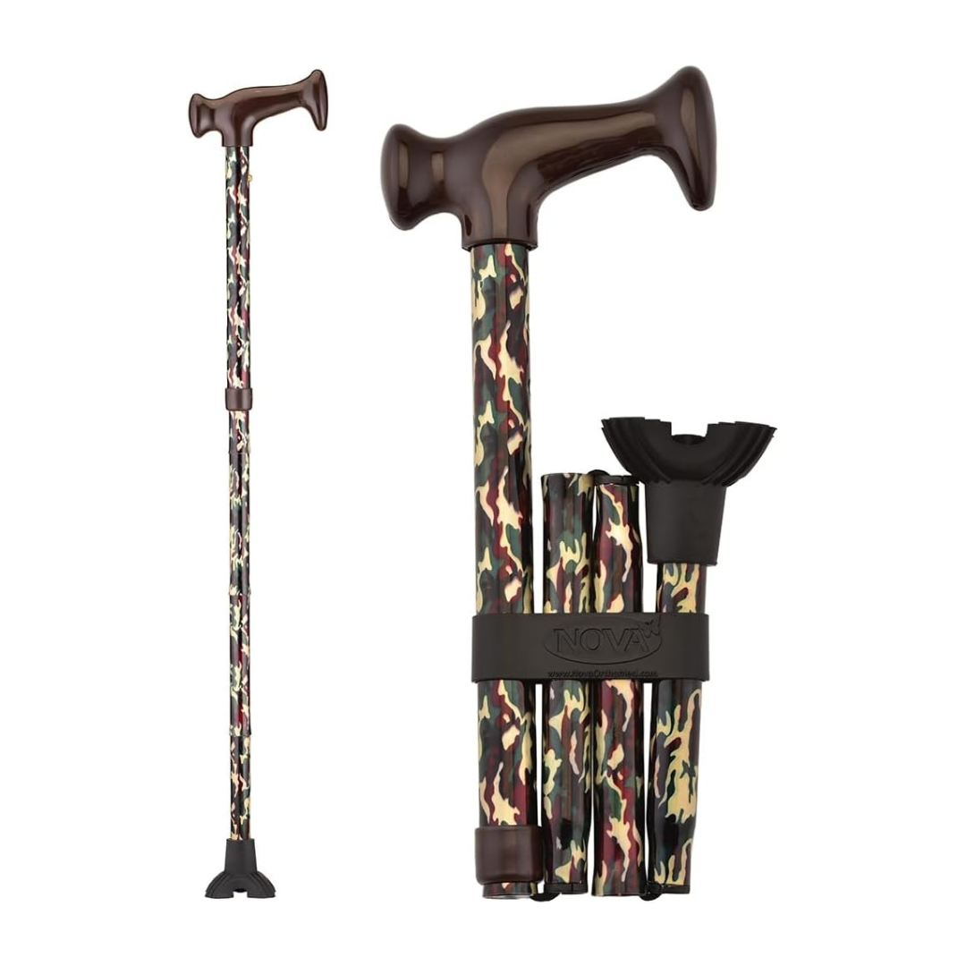 The Nova Folding Walking Cane with Wood Grip Handle & Quad Tip is shown upright on the left and folded into four sections on the right. This camouflage-patterned, adjustable travel cane features a stable black quad tip.