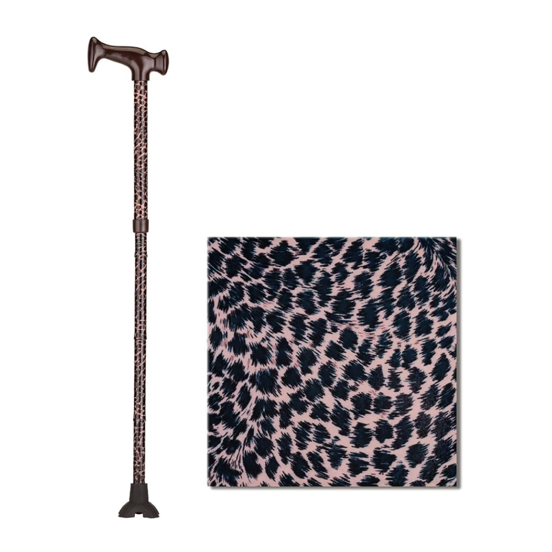 The Nova Folding Walking Cane features a black and pink leopard print, a wood grip handle, and a stable quad tip. An inset displays the cane’s vibrant animal print pattern up close.