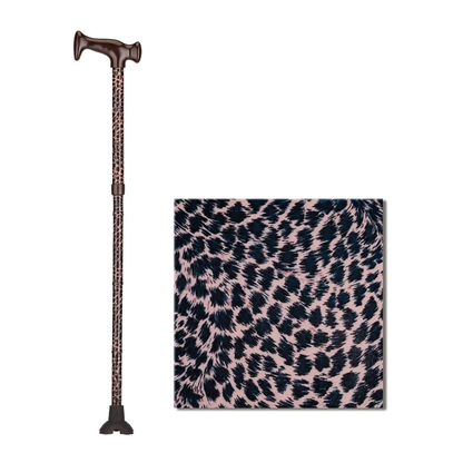 The Nova Folding Walking Cane features a black and pink leopard print, a wood grip handle, and a stable quad tip. An inset displays the cane’s vibrant animal print pattern up close.