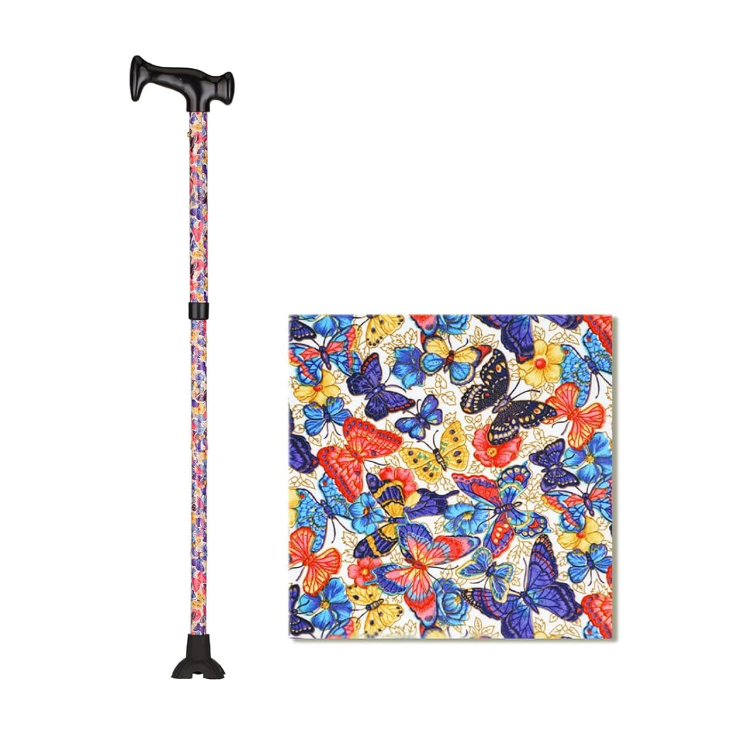 The Nova Folding Walking Cane with Wood Grip Handle & Quad Tip features a vibrant butterfly pattern in red, blue, yellow, and purple. A close-up highlights the detailed butterfly design on this stylish and portable walking aid.
