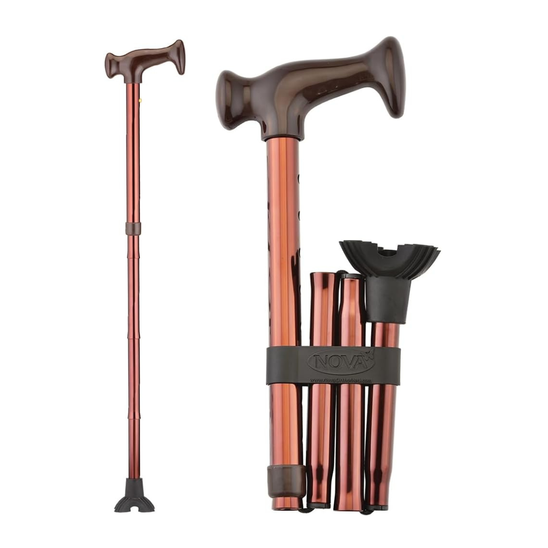 The Nova Folding Walking Cane with Wood Grip Handle & Quad Tip is shown extended and folded. This bronze, adjustable cane features an ergonomic wood handle and a wide quad tip for better balance and compact storage.