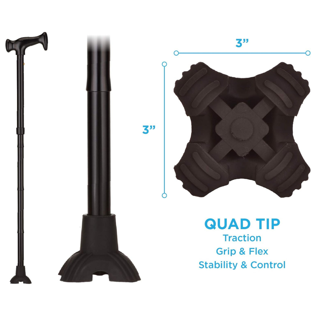 Image of the Nova Folding Walking Cane with a wood grip handle and wide quad tip base. The 3-inch quad tip provides traction, stability, and control, offering enhanced support for users.
