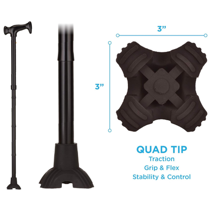 Image of the Nova Folding Walking Cane with a wood grip handle and wide quad tip base. The 3-inch quad tip provides traction, stability, and control, offering enhanced support for users.
