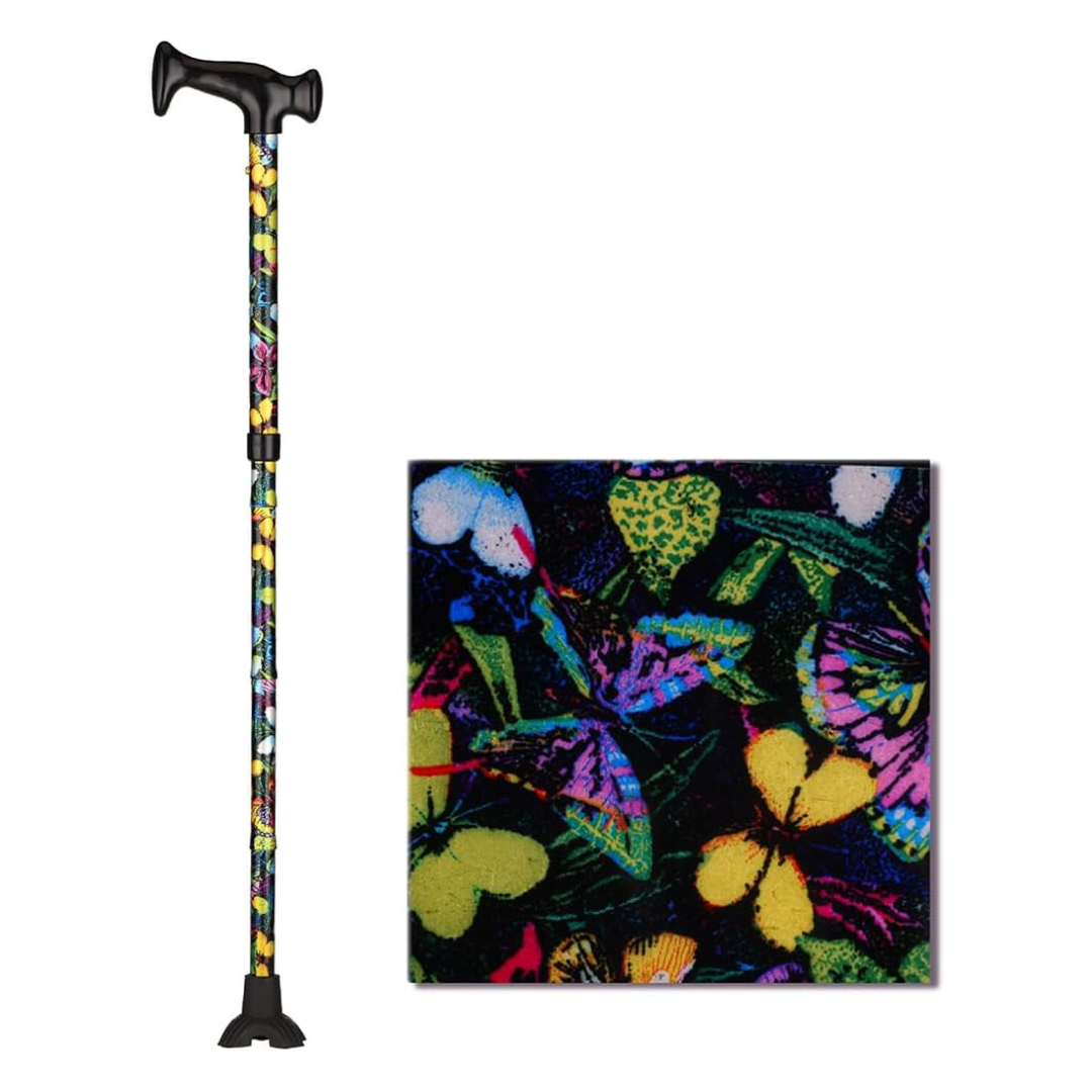 The Nova Folding Walking Cane with Wood Grip Handle & Quad Tip features a vibrant butterfly pattern in yellow, pink, green, and blue on black. An inset highlights the bold butterfly design.