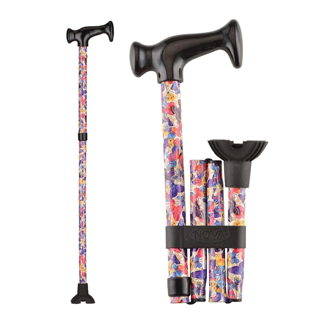 The Nova Folding Walking Cane with Wood Grip Handle & Quad Tip is shown extended and folded, featuring a sturdy quad base for stability and a comfortable wood handle for stylish, portable support on the go.