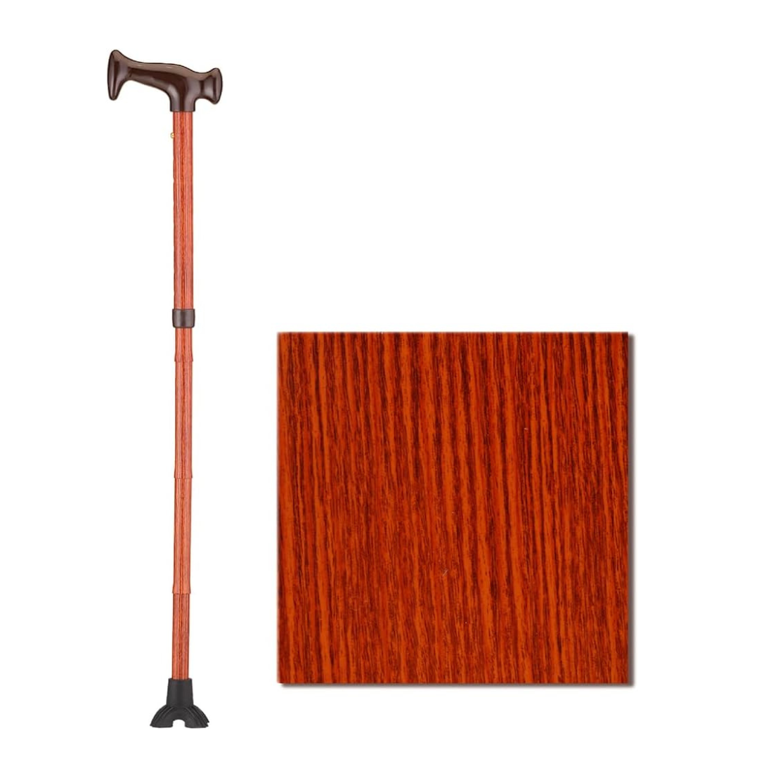 The Nova Folding Walking Cane with Wood Grip Handle & Quad Tip stands upright, showcasing its curved wood handle, sturdy quad tip, and rich reddish grain texture on a white background.