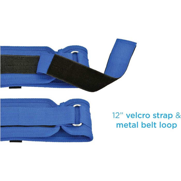 Close-up of the Nova Transfer Gait Belt, featuring a blue extra-wide Velcro strap with a metal belt loop. The partially unfastened strap reveals the Velcro surface. Text on the right reads 12 Velcro strap & metal belt loop.