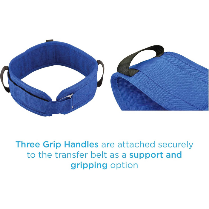 The Nova Transfer Gait Belt with Grip Handles is blue with three reinforced grip handles. The left side shows the belt securely fastened in a circular shape, while the right emphasizes one handle. Text below details its safe and reliable transfer features.