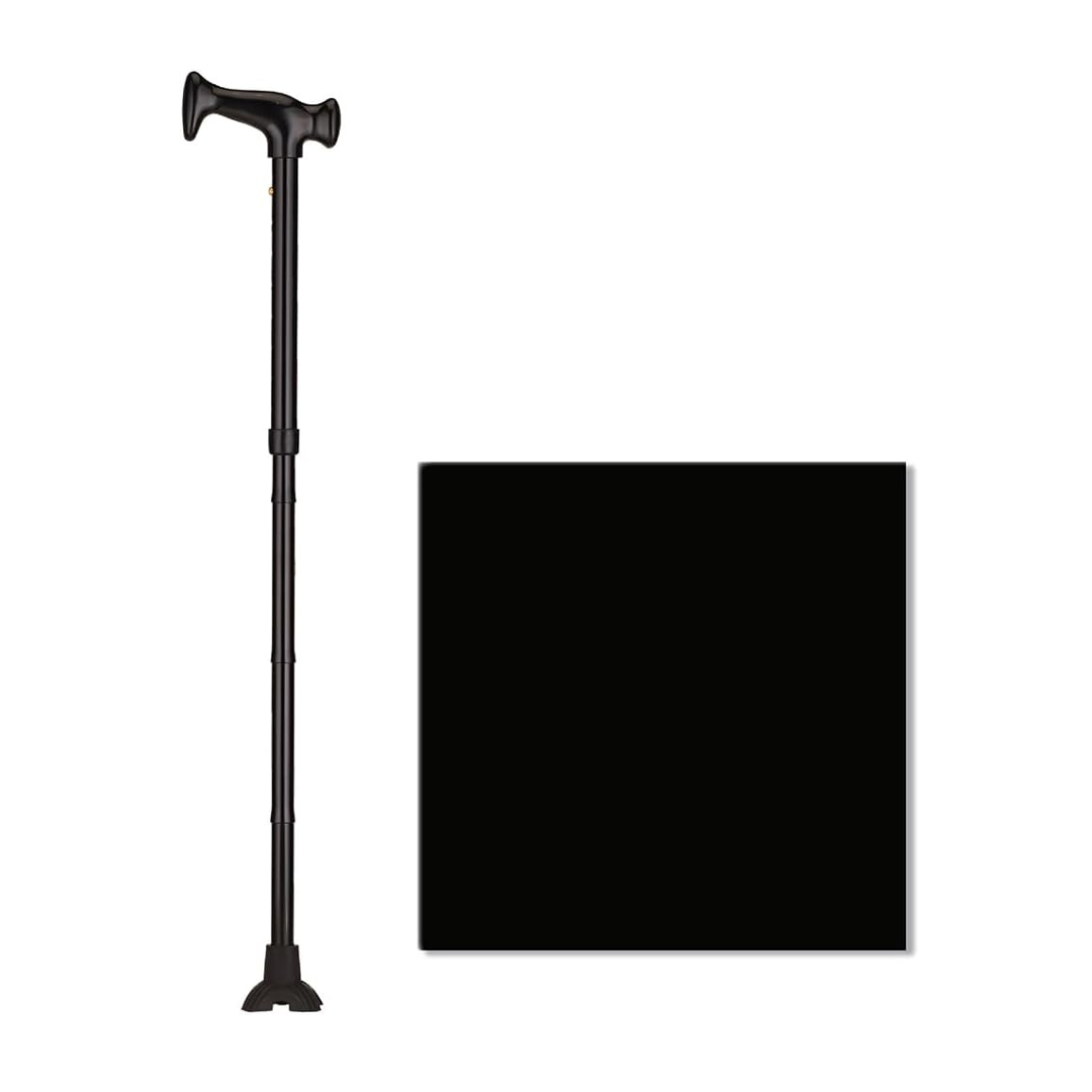 A Nova Folding Walking Cane with a wood grip handle and a quad tip stands upright next to a large black square on a white background.