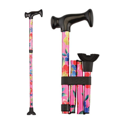 The Nova Folding Walking Cane with Wood Grip Handle & Quad Tip features bright pink, yellow, and blue flowers on its shaft. This foldable travel cane is shown both extended and folded for convenience.