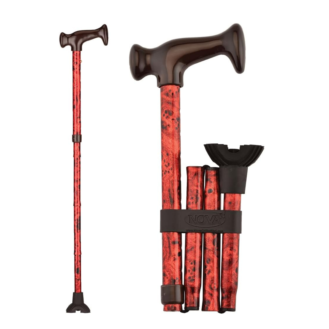 The Nova Folding Walking Cane with Wood Grip Handle & Quad Tip is displayed in red and black, fully extended and folded, featuring a brown ergonomic handle secured with a black strap.