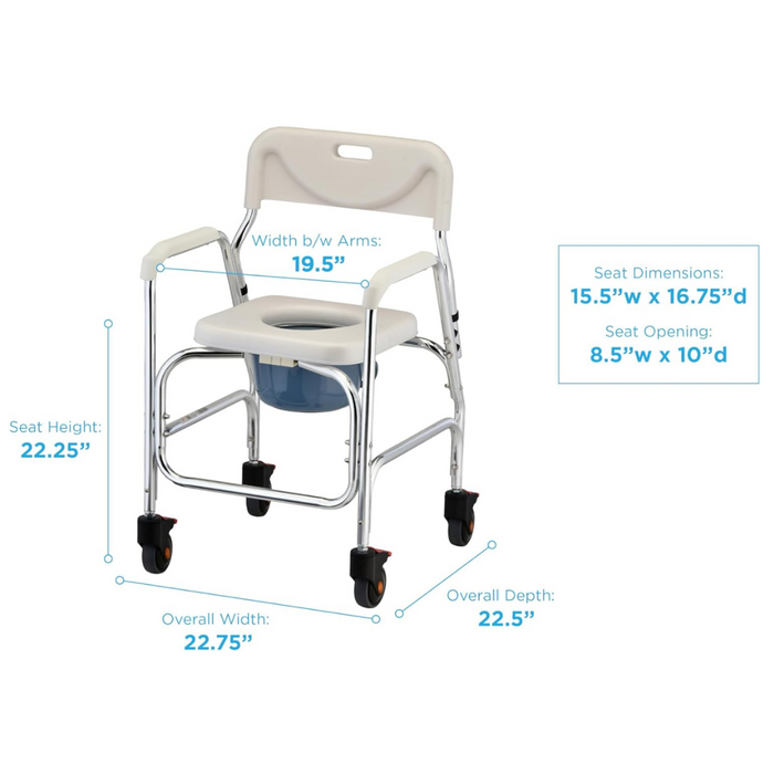 The Nova Medical Shower Chair and Commode with Locking Wheels is designed for convenience, featuring a padded seat, measuring 22.25 high and 22.75 wide overall, with 19.5 between arms. The seat is 15.5 x 16.75, with an opening of 8.5 x 10. It serves as a perfect shower chair on wheels.