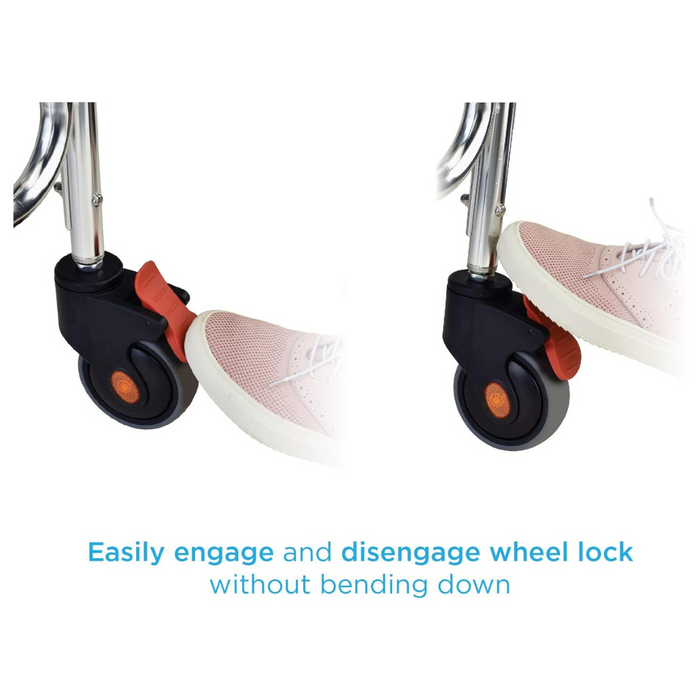 Close-up showing a sneaker pressing a red lever on Nova Medical Shower Chair and Commodes black caster wheel, displayed in engaged and disengaged states. Caption: Engage/disengage wheel lock effortlessly without bending. Perfect for lightweight, durable wheeled commode setups.