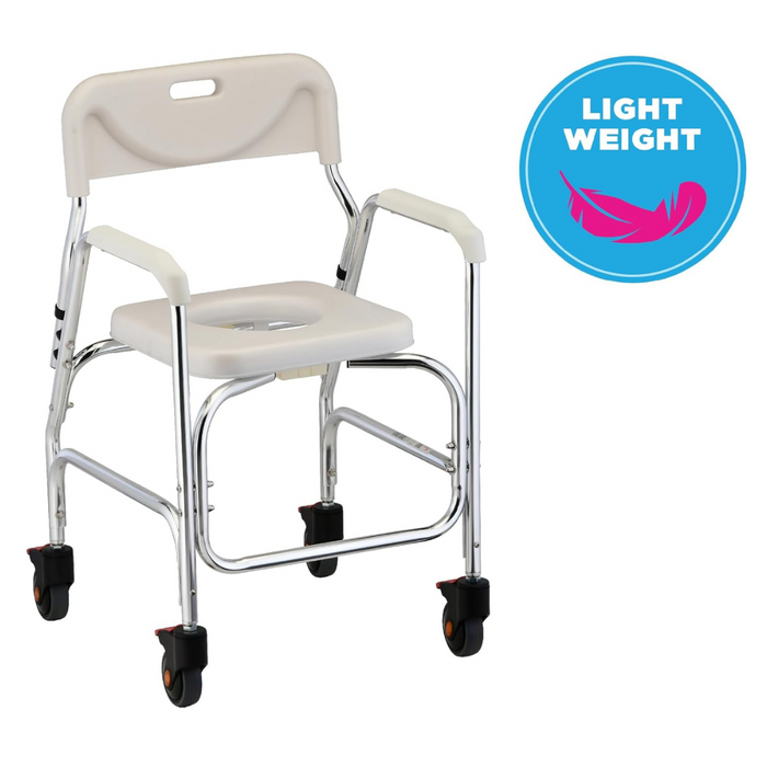 The Nova Medical Shower Chair and Commode, with a silver frame, white padded seat and backrest, features armrests and lockable wheels for mobility. A blue circular lightweight label is visible in the top right corner.