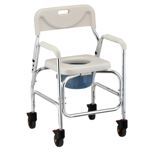 The Nova Medical Shower Chair and Commode features a padded white seat, armrests, and a removable blue bucket. Its metal frame includes four wheels, two with locks, ensuring easy mobility and convenience—perfect for use as a shower chair.