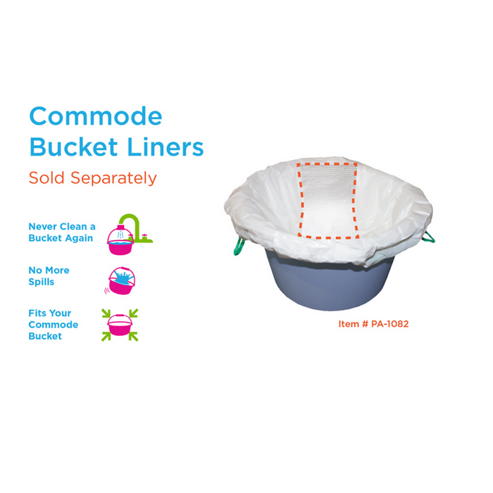 An image shows a commode bucket liner over a blue bucket, with text highlighting benefits: Never Clean a Bucket Again, No More Spills, and Fits Your Commode Bucket. Perfect for the Nova Medical Transport Chair Commode with Removable Padded Seat. Sold separately (Item #PA-1082).