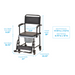 A black Nova Medical Transport Chair Commode with wheels is displayed, featuring a padded seat, Quick-Release Drop Arm, and Removable Swing-Away Footrests. It measures 38 in height, 21 in width, and 22.25 in depth, with a seat width of 17.5 and arm height at 9.25.