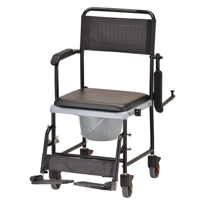 The Nova Medical Transport Chair Commode with Removable Padded Seat combines black and gray design, Quick-Release Drop Arm, removable bucket, armrests, removable Swing-Away Footrests, and enhanced mobility for easy transitions and sturdy support.