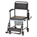 The Nova Medical Transport Chair Commode with Removable Padded Seat combines black and gray design, Quick-Release Drop Arm, removable bucket, armrests, removable Swing-Away Footrests, and enhanced mobility for easy transitions and sturdy support.