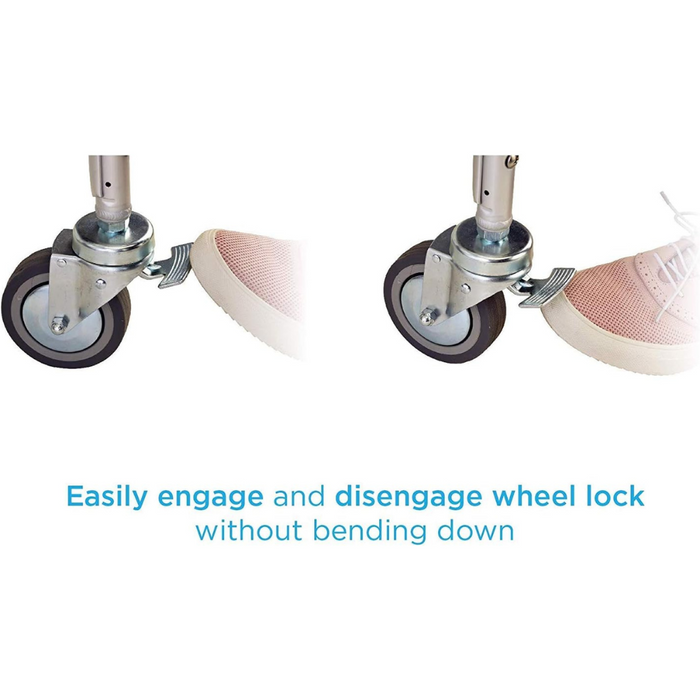 Close-up of the Nova Medical Rolling Shower Chair and Commode with Padded Seat showing caster wheel lock. Left side: lock engaged; right side: disengaged. Text reads Easily engage/disengage wheel lock without bending.