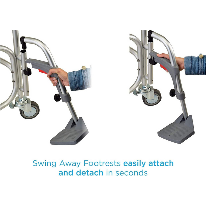 Two images display hands using swing-away footrests on the Nova Medical Rolling Shower Chair and Commode with Padded Seat. The left image shows attaching a footrest, while the right shows detaching it. Text reads: Swing-Away Footrests attach and detach easily in seconds.