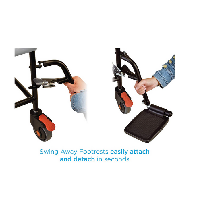 Close-up of two images showing the attachment and detachment of removable swing-away footrests on the Nova Medical Transport Chair Commode with Removable Padded Seat. A person handles the footrests, with text reading, Swing-Away Footrests easily attach and detach in seconds with quick-release efficiency.