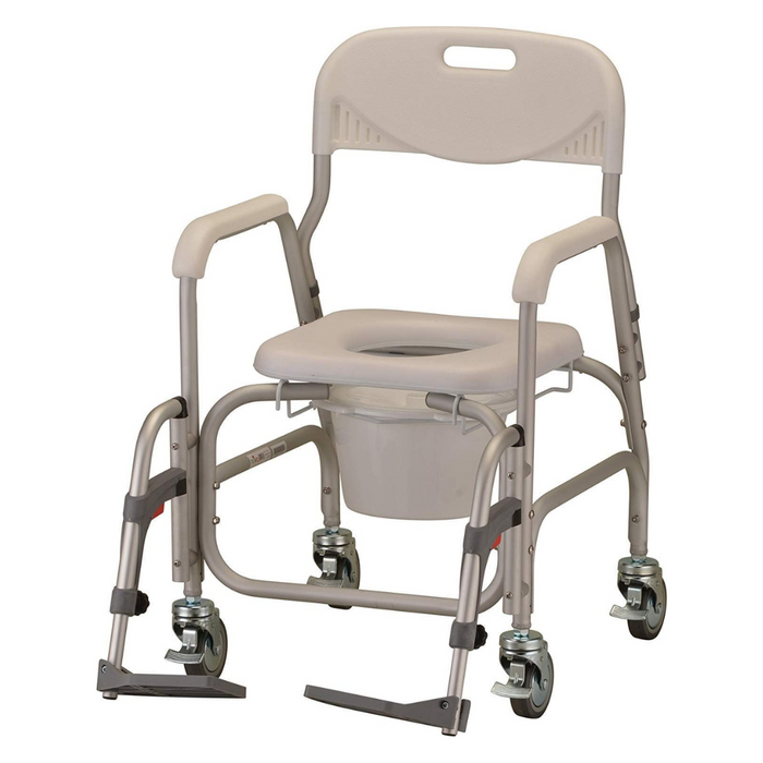 The Nova Medical Rolling Shower Chair and Commode features a padded seat, beige and gray design, armrests, removable lid, built-in bucket, footrests, and lockable caster wheels for enhanced mobility and stability.