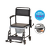 The Nova Medical Transport Chair Commode features a black, dual-function design with quick-release drop-arms and removable swing-away footrests. It includes an under-seat bucket and has handles and wheels for easy mobility. An inset image shows the bucket being removed, labeled Dual Function, 2-in-1 Commode.