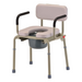 The Nova Medical Drop Arm Commode features a beige padded seat, armrests, and backrest. It includes a removable bucket and non-slip rubber leg tips for stability, making it an ideal bedside commode.