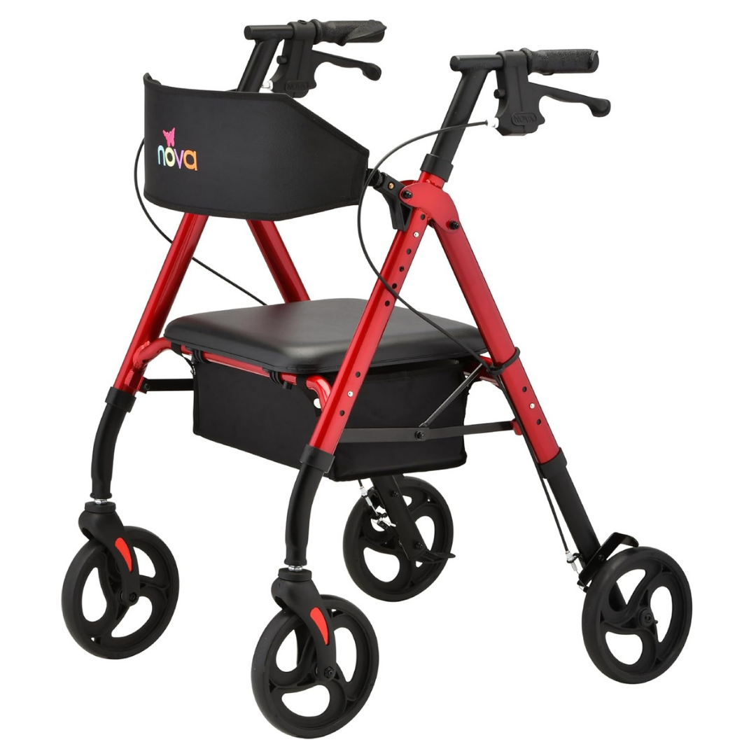 The Nova Medical Star 8 Lightweight Rollator features a red and black design, XL backrest, 8 all-terrain wheels, seat, storage compartment, hand brakes, and the nova brand name on the front pouch.